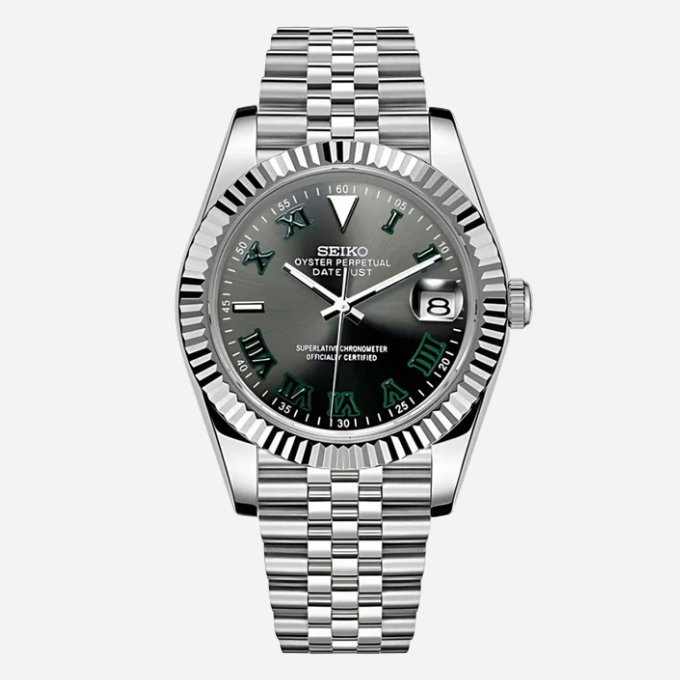 Seiko watch with silver metal bracelet and gray dial on a white background