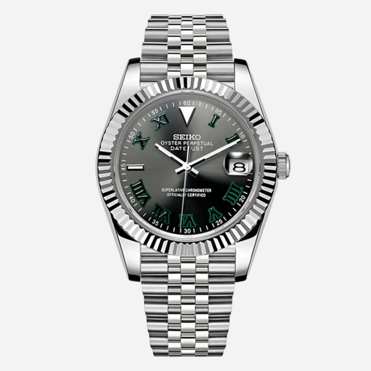 Seiko watch with silver metal bracelet and gray dial on a white background